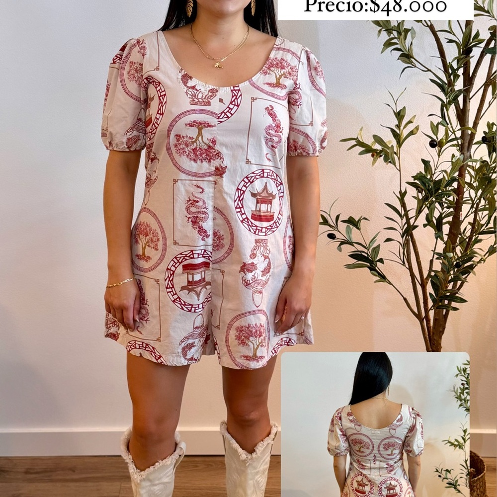 Elegant Beige and Red Printed Dress